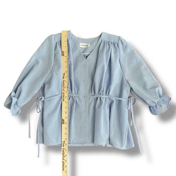 YOU ARE BEAUTIFUL Seoul Blue Gingham Puff Sleeve Waist Tie Blouse Top M - Picture 5 of 7